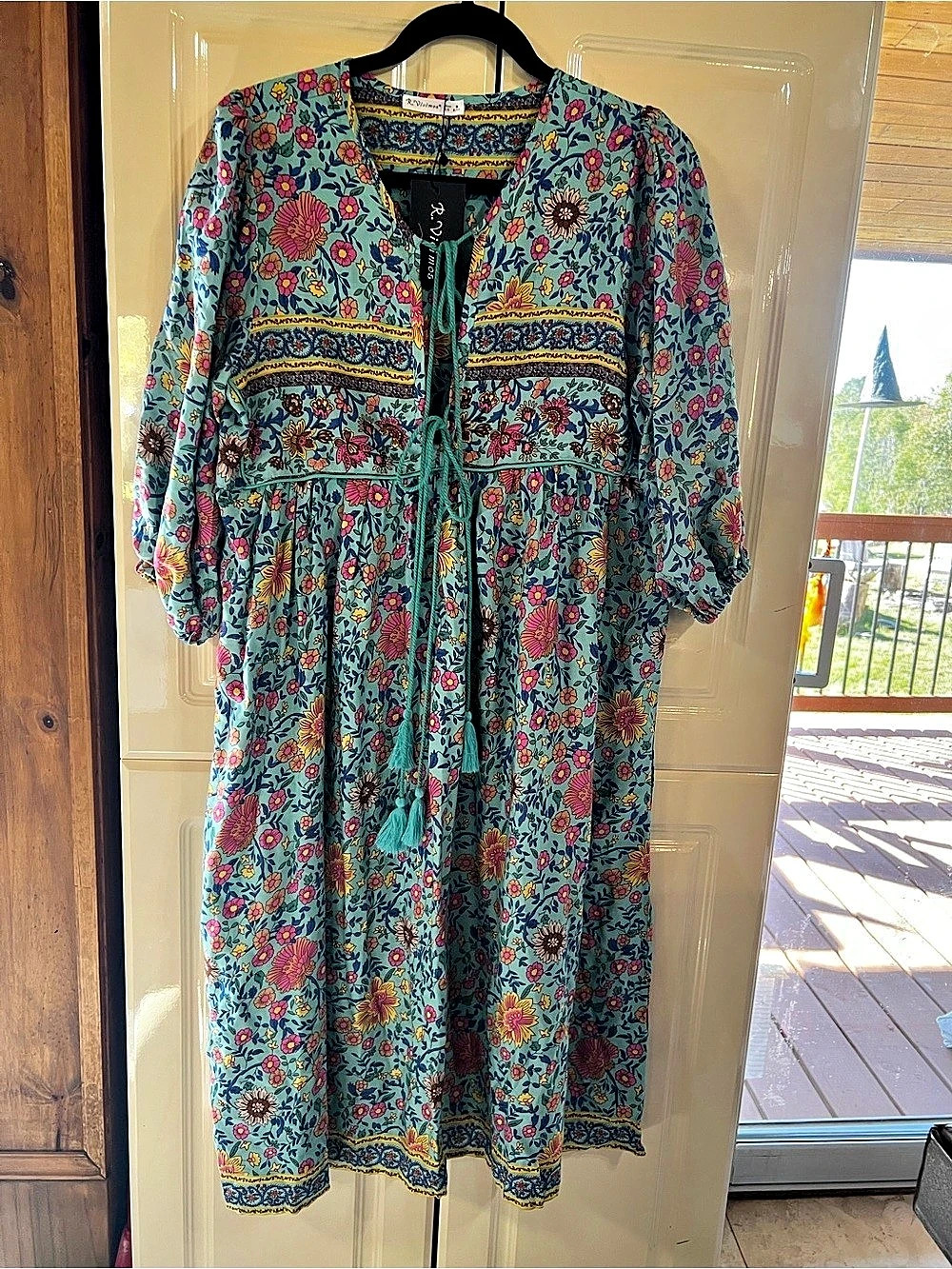 R. Vivimos Long Sleeve Floral Print Retro V Neck Tassel Bohemian Midi Dress